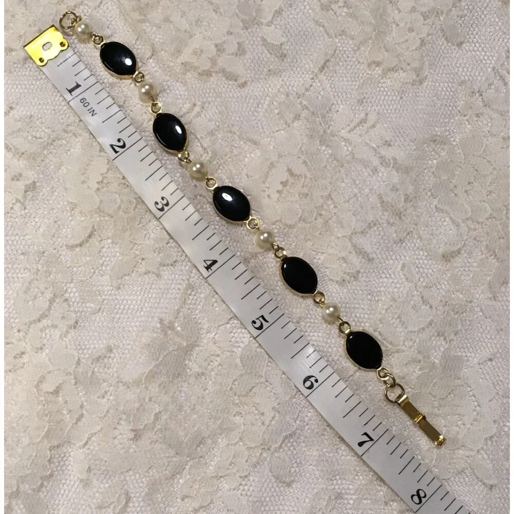 Vintage Bracelet Black Cab Faux Pearl Gold Tone Chain Fold Over Clasp